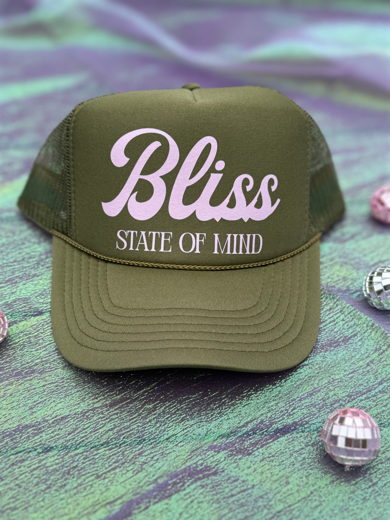 BLISS STATE OF MIND TRUCKER HAT | OLIVE & PINK