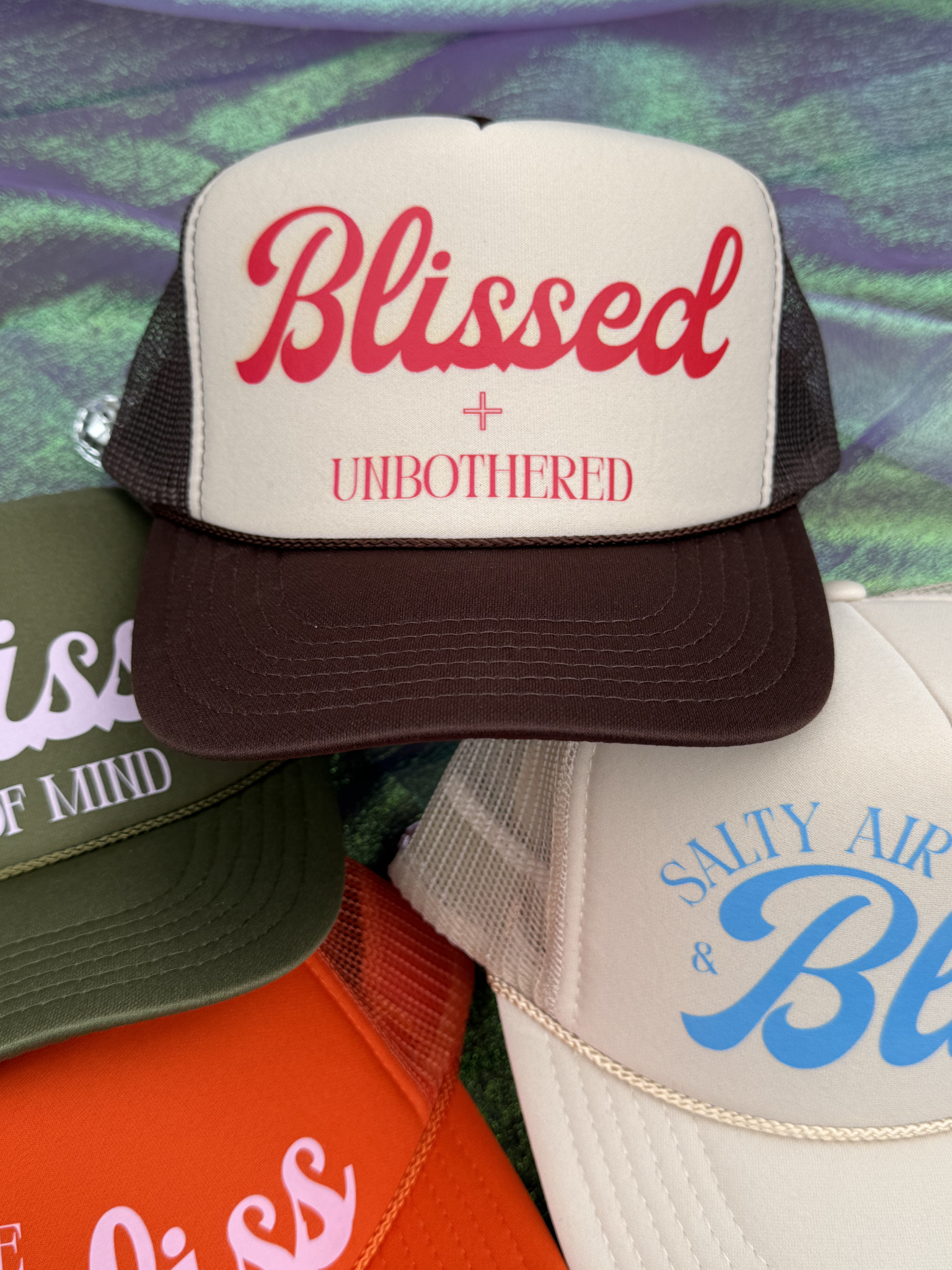 BLISSED & UNBOTHERED TRUCKER HAT | BRN/BEI/RED