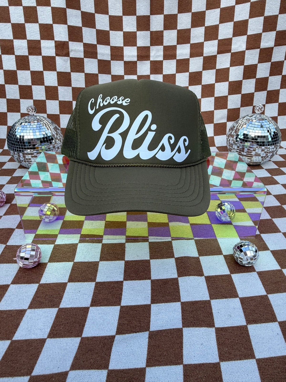 CHOOSE BLISS TRUCKER HAT- OLIVE & WHITE