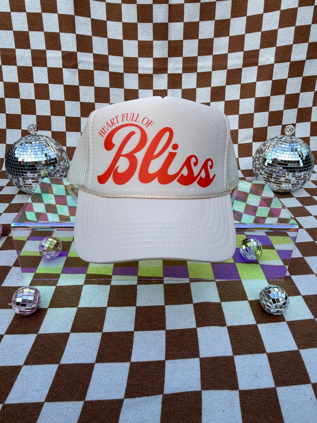 HEART FULL OF BLISS TRUCKER HAT | BEIGE & RED