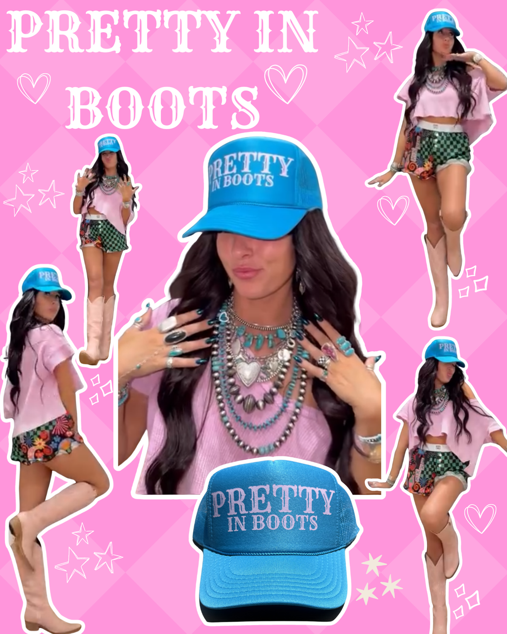 PRETTY IN BOOTS TRUCKER HAT | TURQUOISE/LIGHT PINK