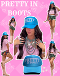 PRETTY IN BOOTS TRUCKER HAT | TURQUOISE/LIGHT PINK