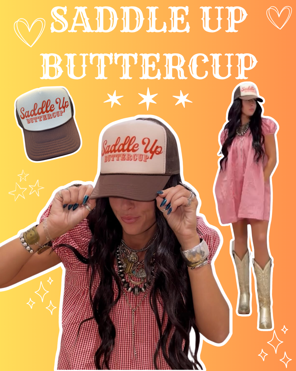 SADDLE UP BUTTERCUP TRUCKER HAT | BRWN/BEIGE/RED