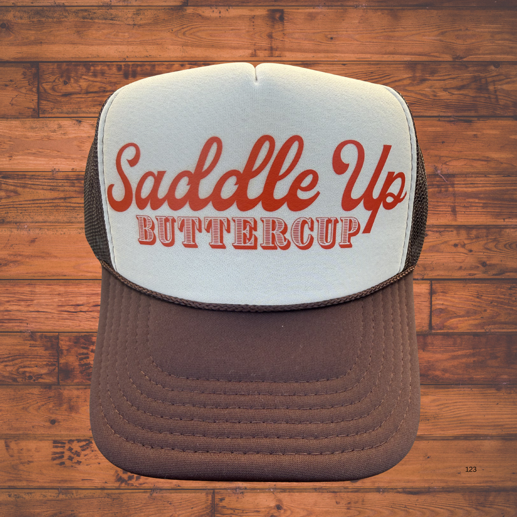 SADDLE UP BUTTERCUP TRUCKER HAT | BRWN/BEIGE/RED